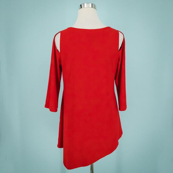 IC by Connie K Size Small S Red Crew 3/4 Sleeve Asymmetrical Cut Out Tunic Top - Picture 3 of 6